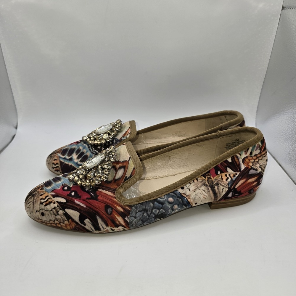 Nine West Women's 7.5M NWLONGSHOT Butterfly Print Embellished Flats Loafers Slip